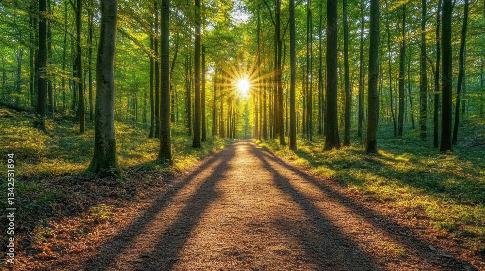 Obraz premium A peaceful forest trail surrounded by towering trees and soft sunlight 