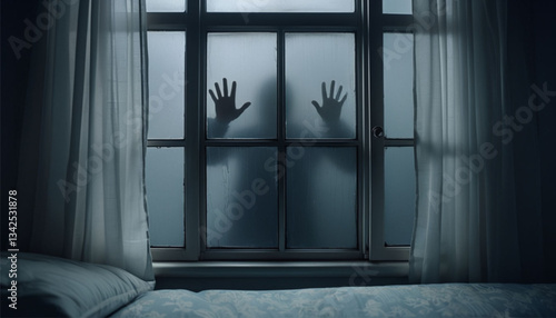 An unknown person is standing behind the window. The concept of horror and fear.