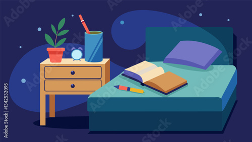 A bedside table with a journal and pen to jot down any thoughts or worries before sleep helping to clear the mind for a peaceful slumber.. Vector illustration