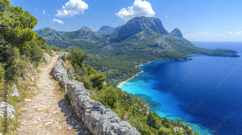 Obraz premium A serene day hike along a coastal trail with turquoise waters and rocky cliffs