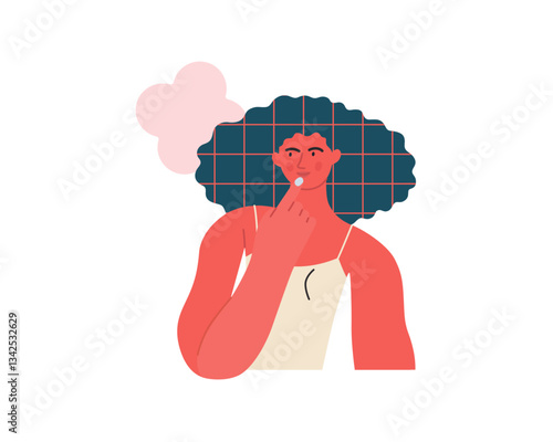 Thinking people, modern flat vector concept illustration- woman standing thoughtfully, looking sideways, bubble near head Metaphor for reflection, analysis, introspection, contemplation, deep thought