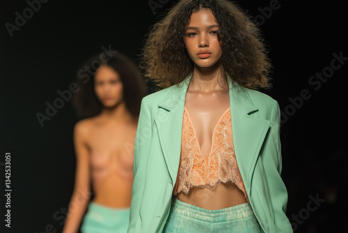 fashion runway model in mint green blazer and pastel lace top showcasing modern womenswear, elegant styling inspiration perfect for fashion editorial, magazine spreads, stylish advertisements