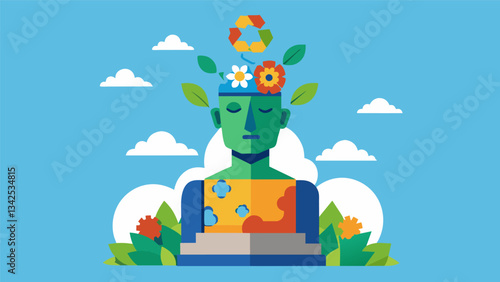 A sculpture made entirely of recycled materials symbolizing the power of transforming negative thoughts into soing beautiful and positive for the mind.. Vector illustration