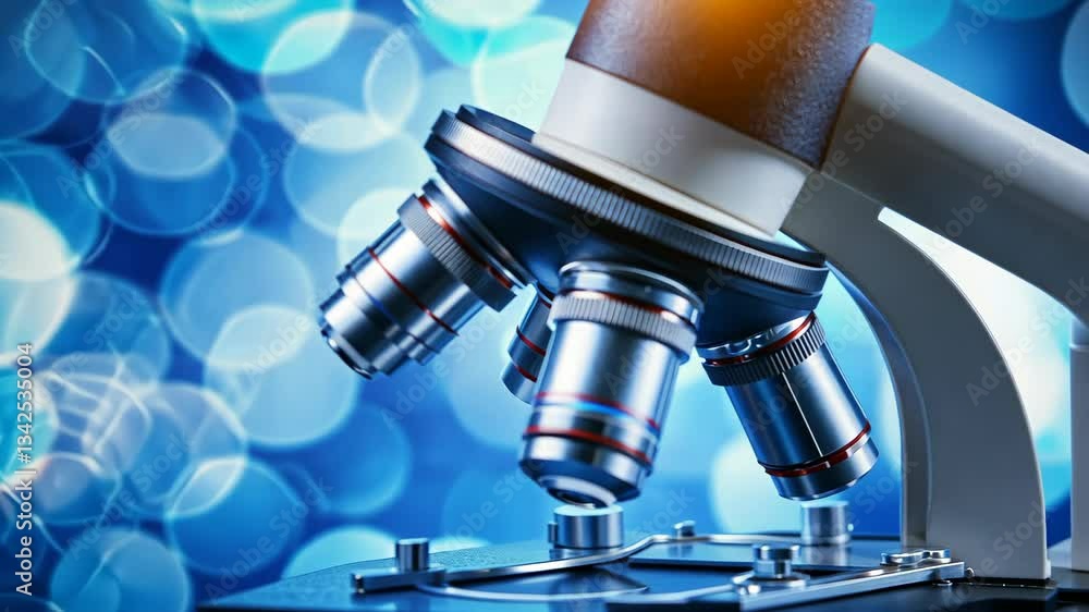 Microscope focusing on a specimen with glowing abstract background revealing scientific exploration Microscope focusing on a specimen with glowing abstract background revealing scientific exploration