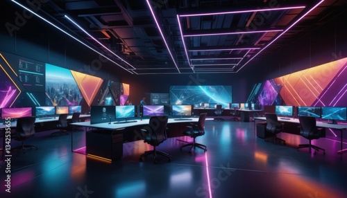 Futuristic Tech Control Room Neon Lights Modern Office Workspace Design