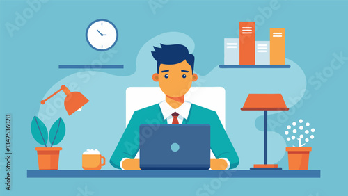 A busy working professional sitting at their desk overwhelmed and seeking guidance from a life coach to help them find clarity and balance in their life.. Vector illustration