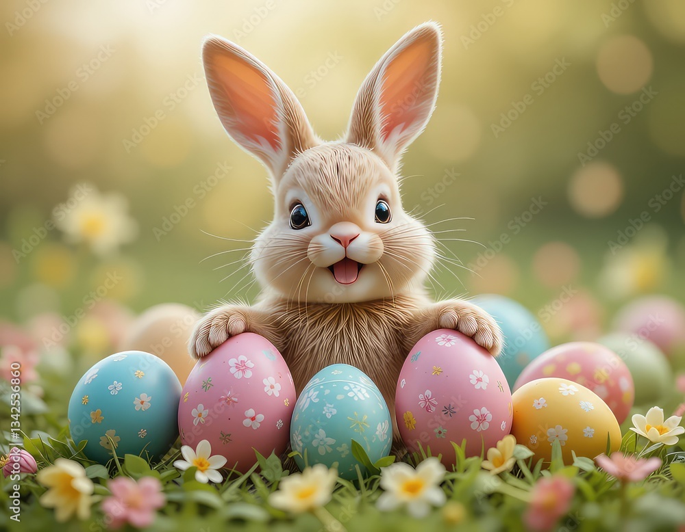 Happy Easter bunny with lots of colorful Easter eggs, Easter day Happy Easter bunny with lots of colorful Easter eggs, Easter day