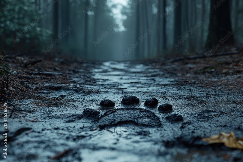 Fototapeta premium Misty forest path, bear paw print in mud, nature scene
