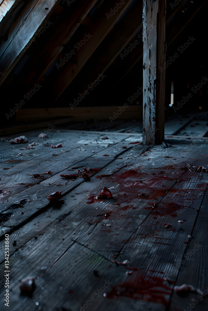Obraz premium A small wooden box on the attic floor has red marks. The picture was taken in very dark conditions, with no light or blackness.