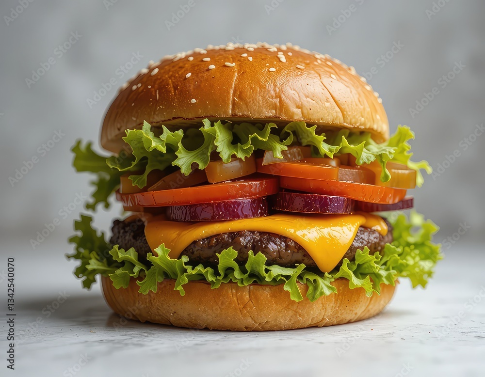 Juicy cheeseburger with cheddar, lettuce and tomatoes close-up Juicy cheeseburger with cheddar, lettuce and tomatoes close-up