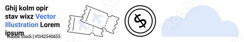 Stack of event tickets, circle with dollar sign, and a cloud shape. Ideal for finance, entertainment, cloud computing, digital transactions, online services e-commerce and modern design. Abstract