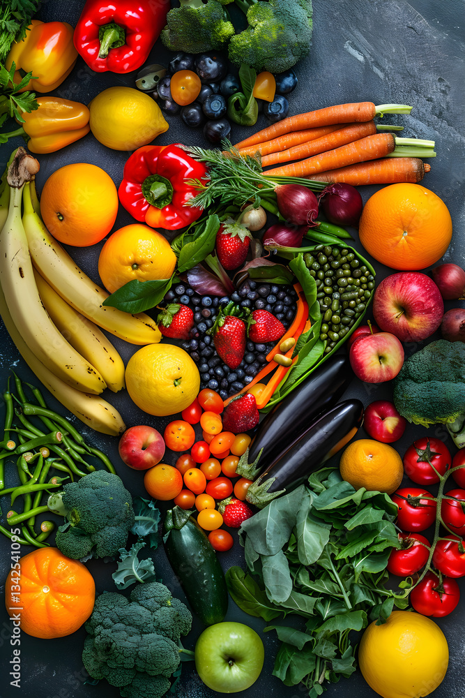 Colorful Artistic Display of Fresh Fruits and Vegetables Symbolizing Vegan Diet in a Heart Shape Colorful Artistic Display of Fresh Fruits and Vegetables Symbolizing Vegan Diet in a Heart Shape
