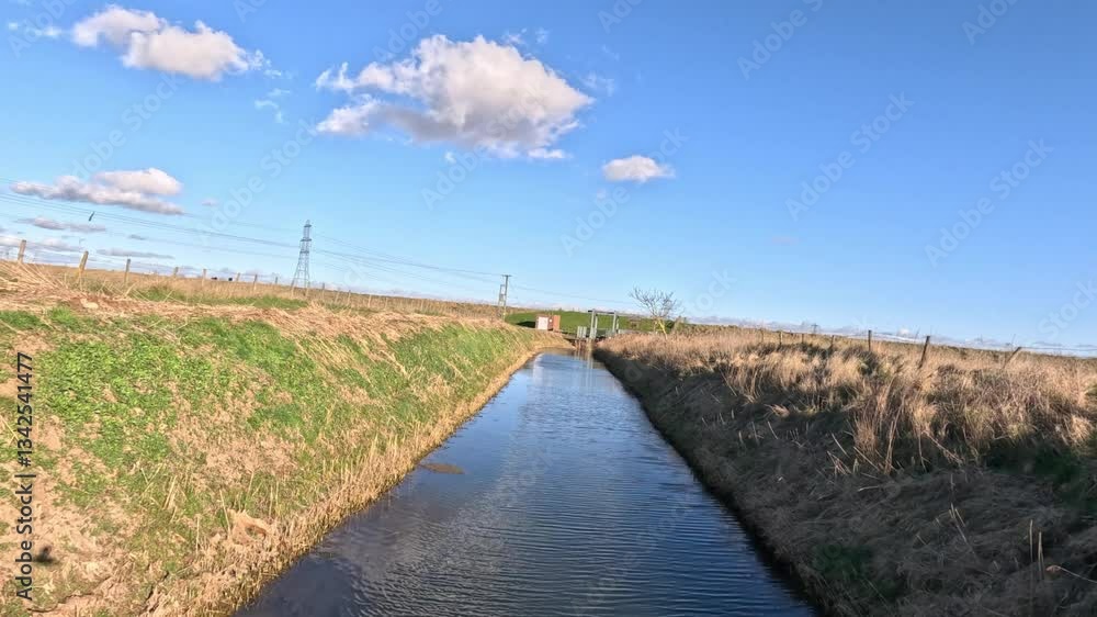 Point of view FPV drone close proximity flying over rural fields and river banks in Lincolnshire England UK sunny day blue skies Point of view FPV drone close proximity flying over rural fields and river banks in Lincolnshire England UK sunny day blue skies
