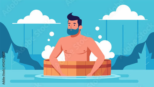 A man emerges from a steamy sauna and takes a refreshing dip in a cold thermal pool reviving his body and mind.. Vector illustration