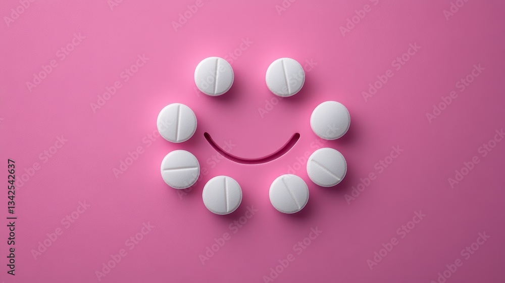 A cheerful face, crafted from rows of white pills against a vibrant pink backdrop, radiated warmth and positivity, a symbol of joy and health. A cheerful face, crafted from rows of white pills against a vibrant pink backdrop, radiated warmth and positivity, a symbol of joy and health.