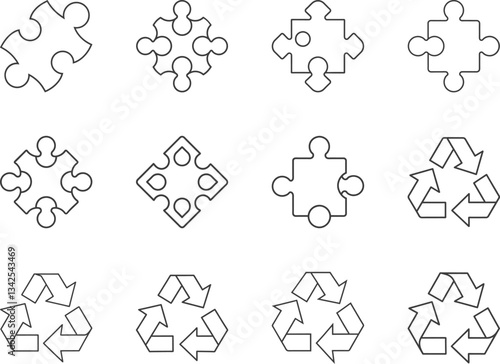 Puzzle Pieces and Recycling Icons in a Clean Line Art Style Strategic Solutions and Sustainability