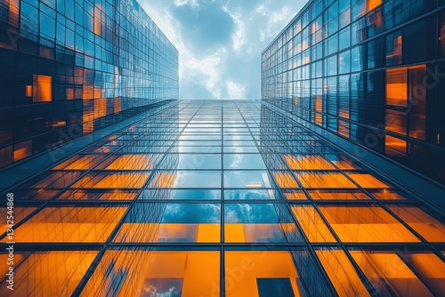 Wallpaper Mural Modern Office Building Overlooking a City Skyline With Reflective Glass Windows and Bright Blue Sky Filled With Clouds Torontodigital.ca