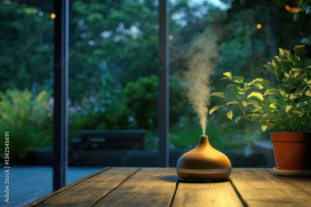 Aromatherapy Diffuser with Steam in Serene Indoor Setting Surrounded by Lush Greenery Aromatherapy Diffuser with Steam in Serene Indoor Setting Surrounded by Lush Greenery