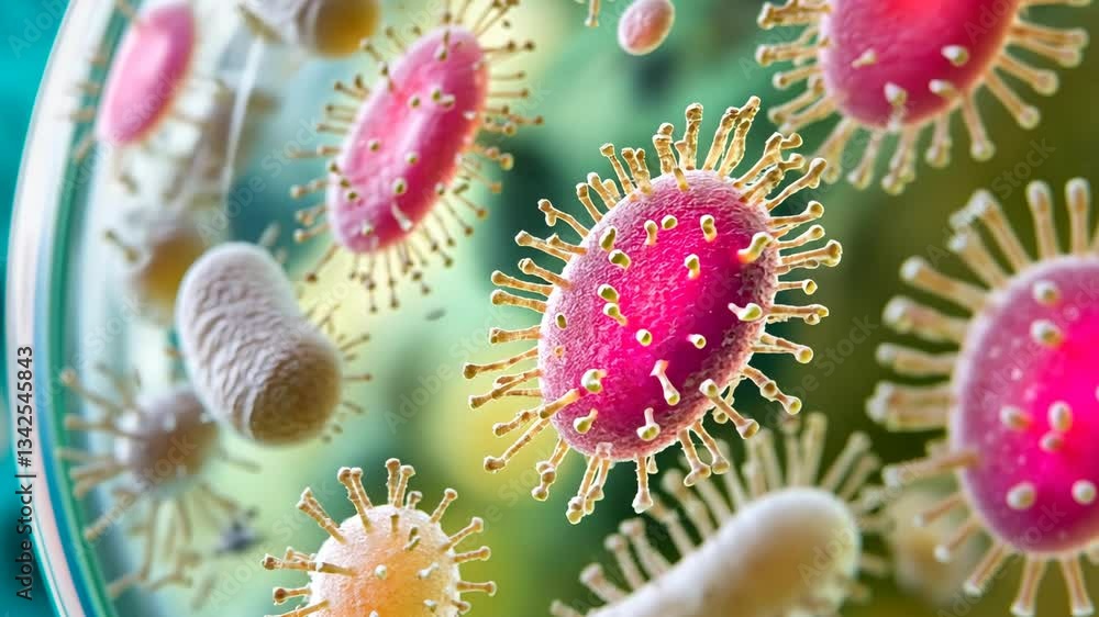 Colorful microscopic view of various bacteria and viruses in a petri dish with vibrant background Colorful microscopic view of various bacteria and viruses in a petri dish with vibrant background