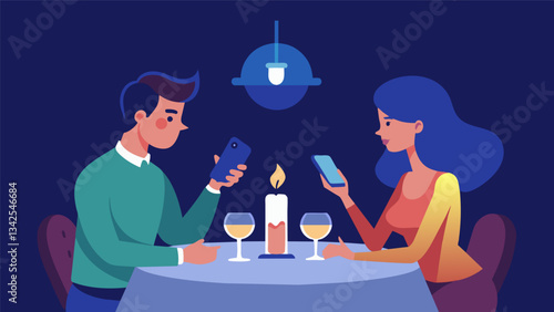 A couple enjoying a candlelit dinner choosing to have meaningful conversations instead of mindlessly scrolling through their phones.. Vector illustration