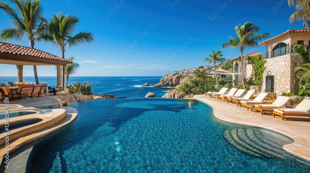 Fototapeta premium Breathtaking Luxury Pool Overlooking the Ocean with Relaxing Deck Chairs on a Bright, Sunny Day, Perfect Coastal Retreat Setting
