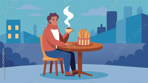 Sitting at a small wooden table in an ancient plaza savoring the crispy cinnamondusted churros dipped in steaming hot chocolate.. Vector illustration