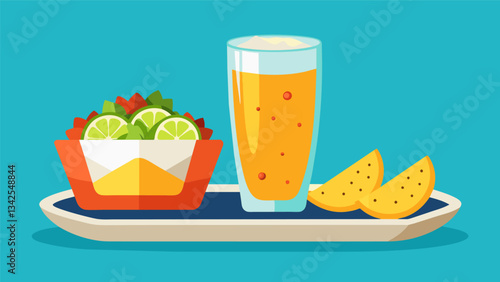 A tangy sour gose matched with a tray of fresh ceviche and tortilla chips.. Vector illustration