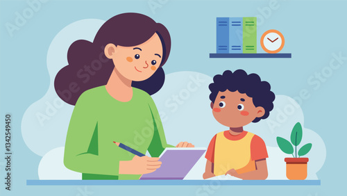 A Gen X mother takes diligent notes as the instructor discusses the benefits of implementing a routine for bedtime mealtimes and other daily activities.. Vector illustration