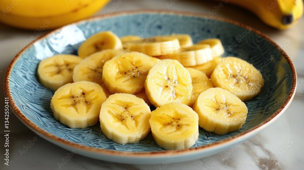 A plate adorned with vibrant yellow banana slices, their smooth skin glistening with a hint of sweetness, ready to be savored. A plate adorned with vibrant yellow banana slices, their smooth skin glistening with a hint of sweetness, ready to be savored.
