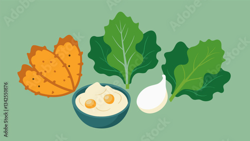 A trio of crispy veggie chips made from kale sweet potato and turnip accompanied by a creamy white bean and roasted garlic dip.. Vector illustration