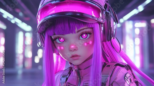 Cyberpunk Anime Girl Portrait with Pink Neon Lights