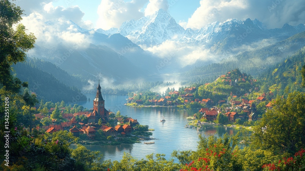 Fototapeta premium Serene Lakeside Village nestled in Majestic Mountains