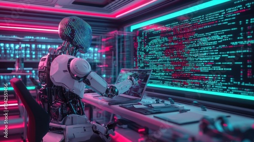 Advanced Robot Programming In A Modern Tech Lab Featuring Neon Lighting Effects And Displays With Advanced Programming Techniques And Automation Solutions For Robotics Workflows And Processing