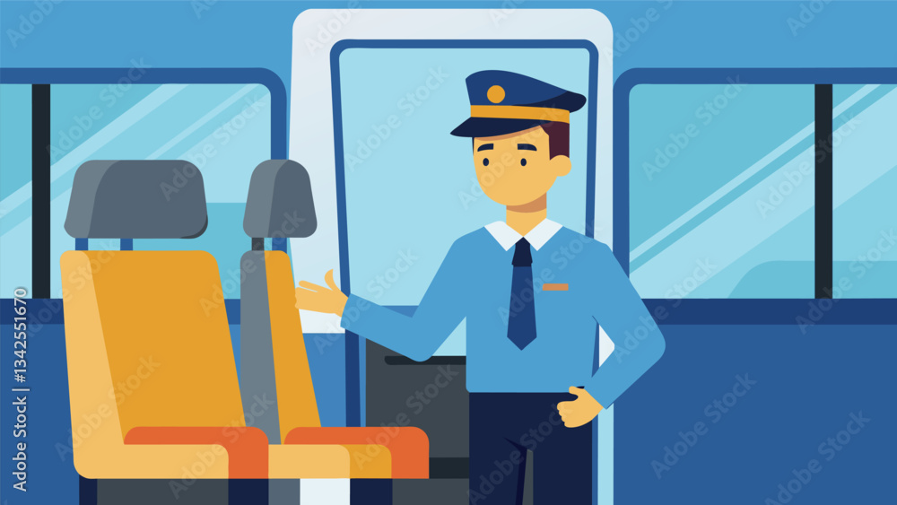 The driver explains the importance of staying seated while the bus is in motion demonstrating the potential dangers of standing up.. Vector illustration The driver explains the importance of staying seated while the bus is in motion demonstrating the potential dangers of standing up.. Vector illustration