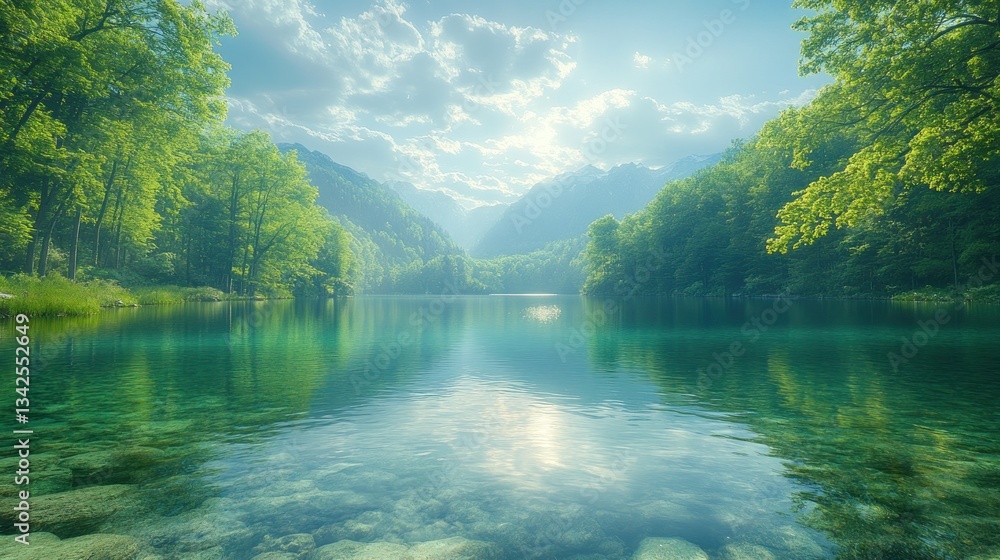 Fototapeta premium Serene Mountain Lake: A Breathtaking View of Nature's Tranquility