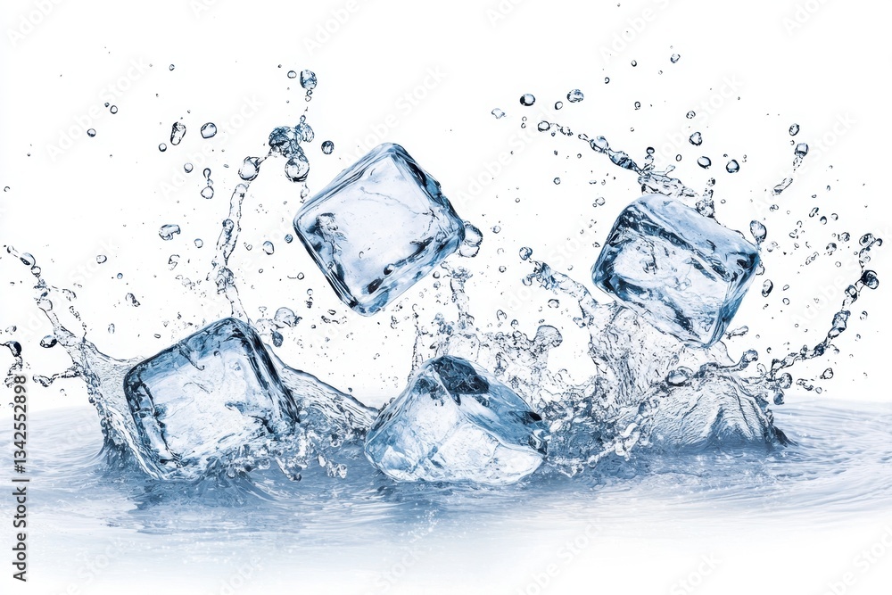 Three ice cubes impact water creating dynamic splashes and droplets Three ice cubes impact water creating dynamic splashes and droplets