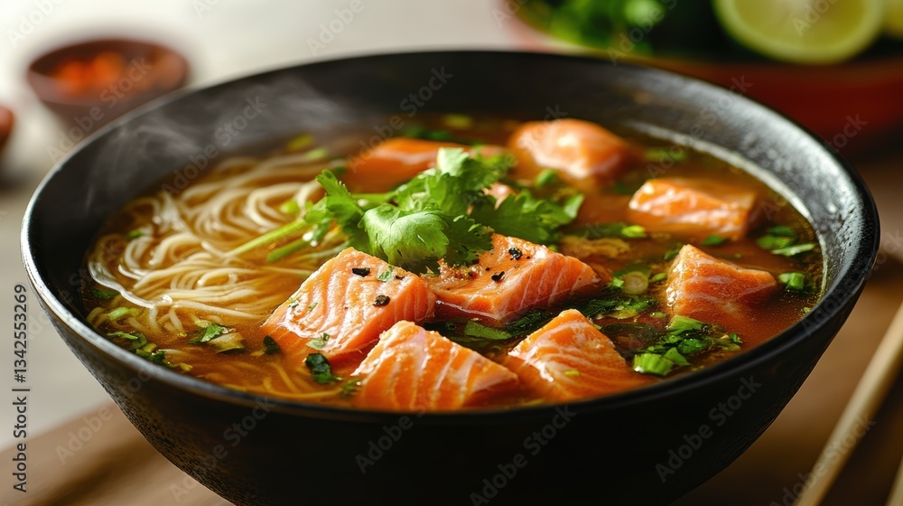A steaming bowl of vibrant salmon fish soup, its broth fragrant with ginger and lemongrass, adorned with delicate fish slices and glistening noodles. A steaming bowl of vibrant salmon fish soup, its broth fragrant with ginger and lemongrass, adorned with delicate fish slices and glistening noodles.