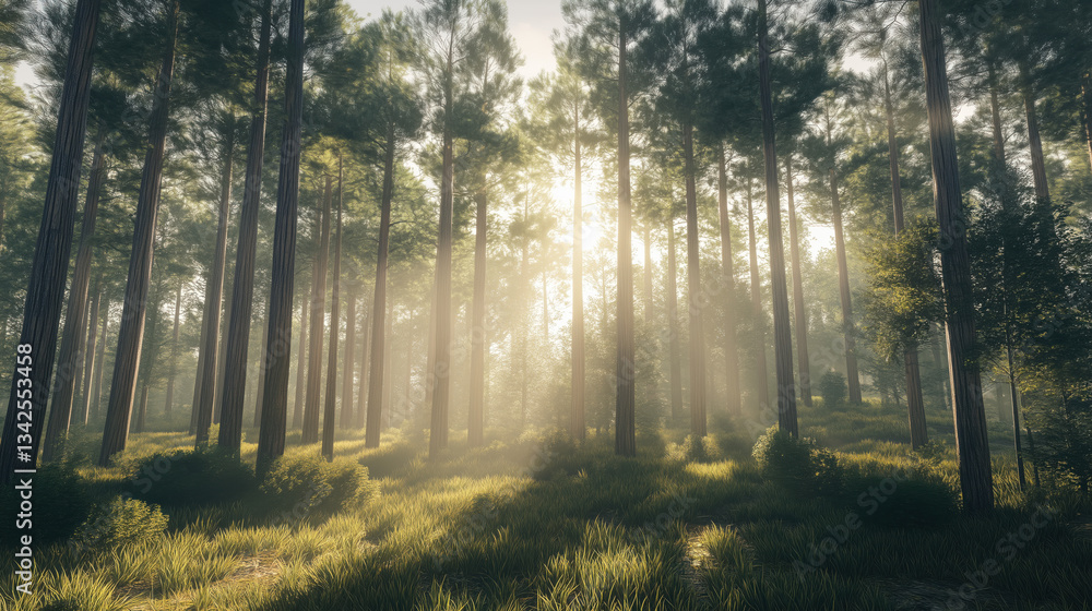 Bright and Sunny Forest Landscape with Tall Trees Stretching Upwards, Clear Skies and Sunlight Creating a Peaceful Natural Setting with Space for Promotional or Artistic Copy Bright and Sunny Forest Landscape with Tall Trees Stretching Upwards, Clear Skies and Sunlight Creating a Peaceful Natural Setting with Space for Promotional or Artistic Copy