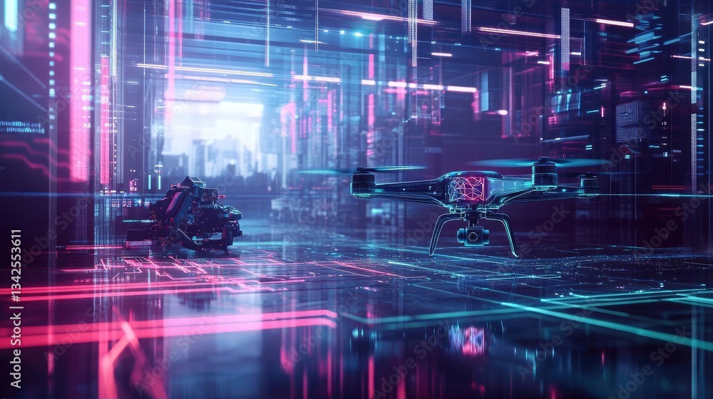 Fototapeta premium Futuristic City Drone Flight Neon Lightscape Performance Art Visuals Illustration Abstract Digital Night Lightscapes Design Artwork Glow Colors Future Illustration 3D Rendering Graphic Design Concept