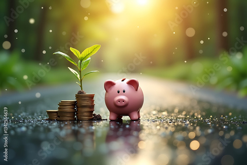 Illustration of a wet road, sprouting plant on coins, piggy bank, and glowing bokeh background. AI-generated