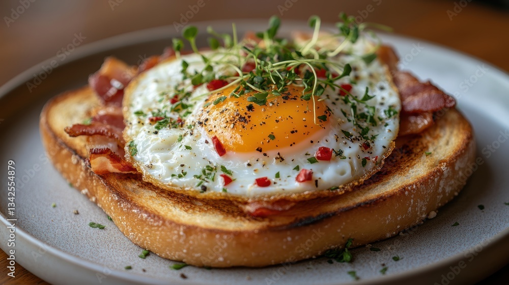 A golden canvas of toasted bread, a vibrant yolk of a fried egg peeking from beneath, crispy strips of bacon, and vibrant microgreens, a testament to a wholesome and nutritious breakfast, ready to A golden canvas of toasted bread, a vibrant yolk of a fried egg peeking from beneath, crispy strips of bacon, and vibrant microgreens, a testament to a wholesome and nutritious breakfast, ready to