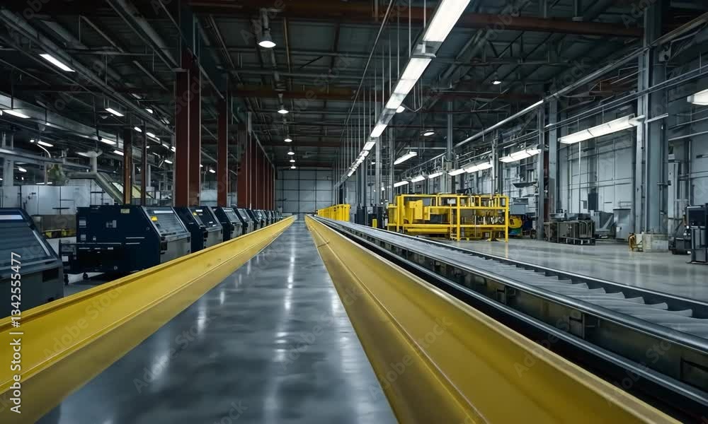 Navigating Empty Warehouse with Conveyor Belts and Industrial Equipment Navigating Empty Warehouse with Conveyor Belts and Industrial Equipment