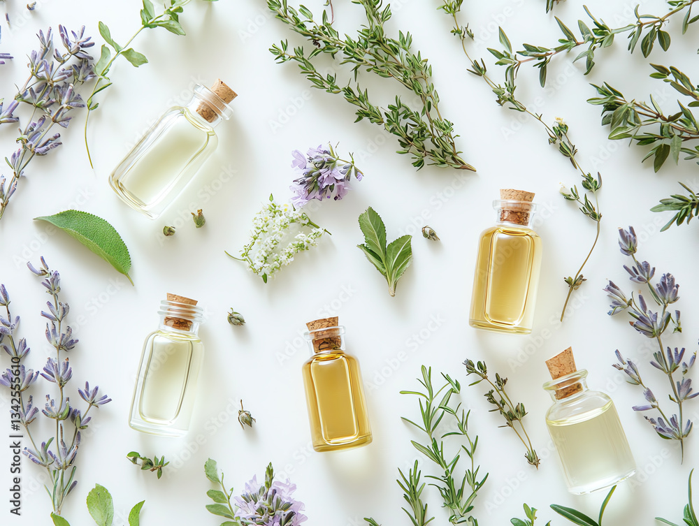 Aromatherapy oils and fresh herbs elegantly arranged on a crisp white background. Aromatherapy oils and fresh herbs elegantly arranged on a crisp white background.