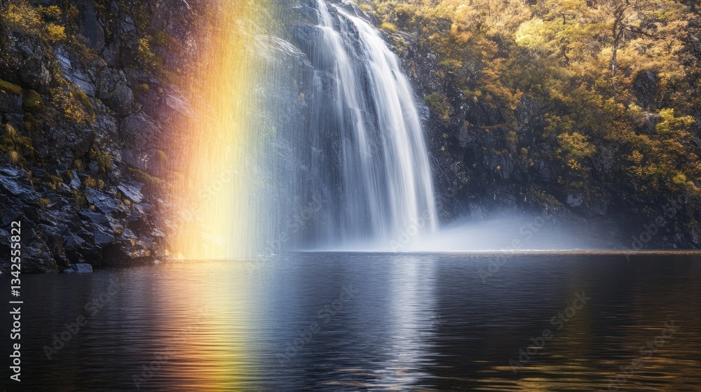 Obraz premium Majestic waterfall with vibrant rainbow reflected in calm water.
