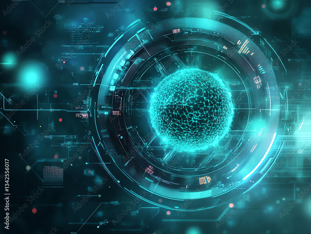 Fototapeta premium Futuristic digital interface with glowing orb, technology concept with cyberspace elements.