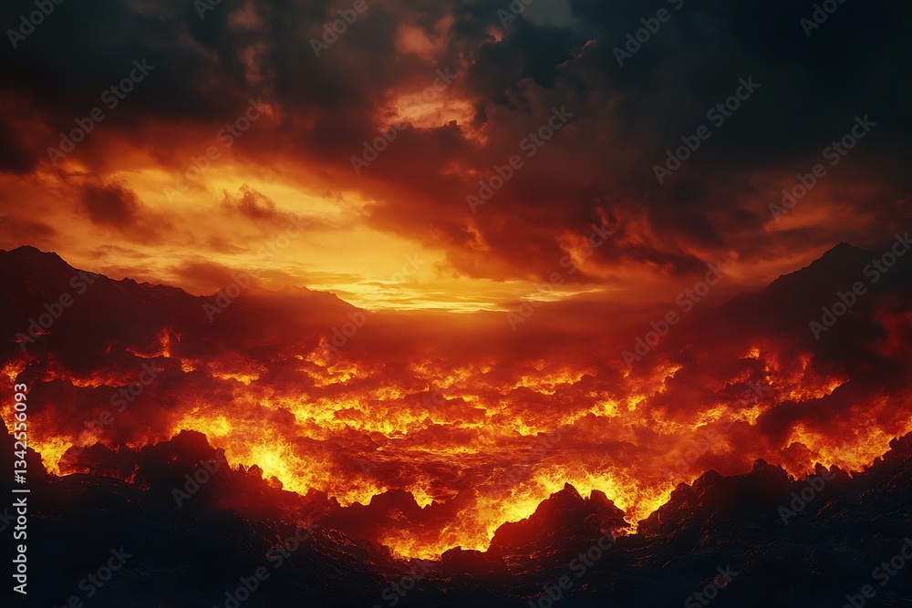 Intense volcanic eruption scene with lava flow and dark clouds creating a dramatic atmosphere : Generative AI Intense volcanic eruption scene with lava flow and dark clouds creating a dramatic atmosphere : Generative AI