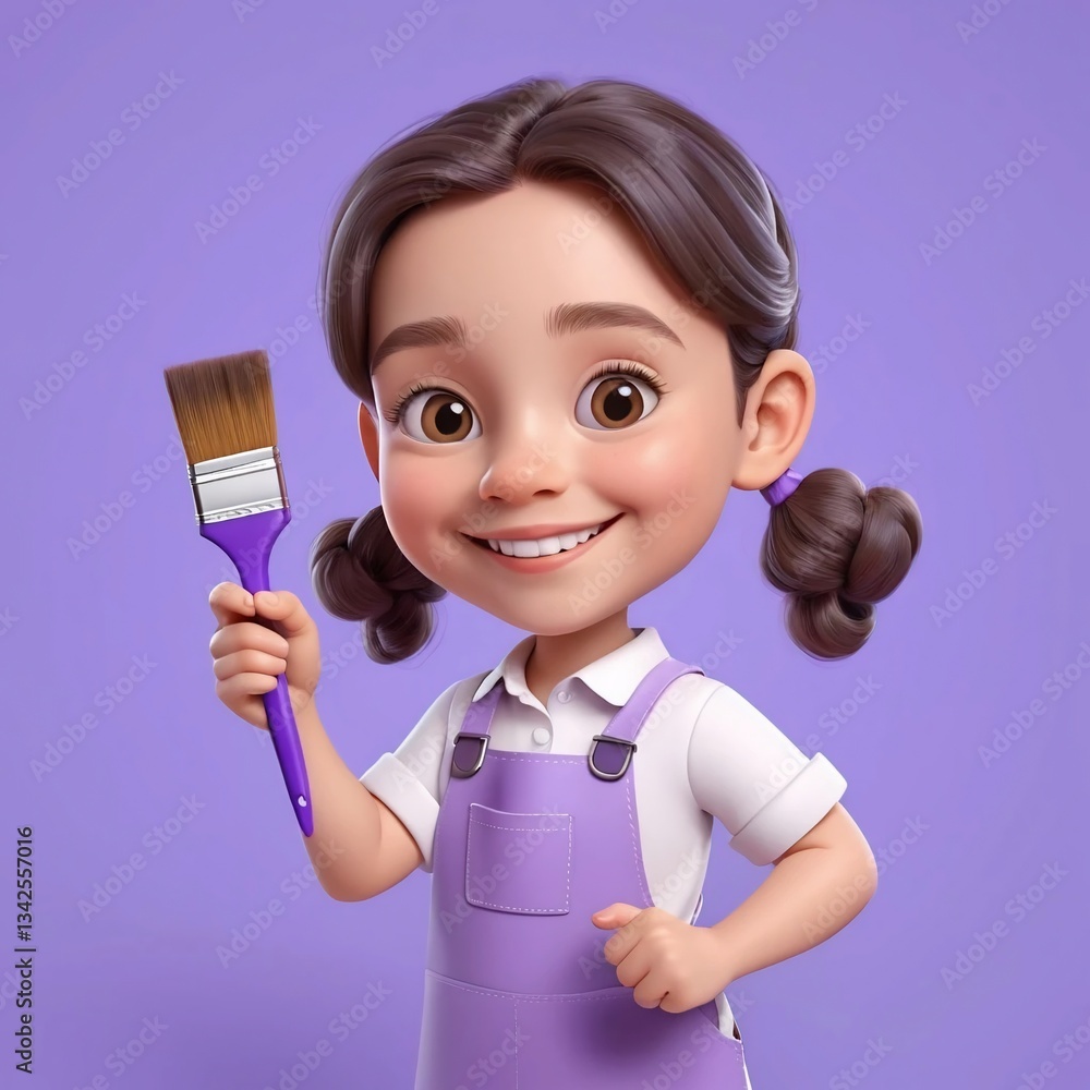 Adorable Cartoon Girl Artist Holding Paintbrush Purple Outfit 3D Render Adorable Cartoon Girl Artist Holding Paintbrush Purple Outfit 3D Render