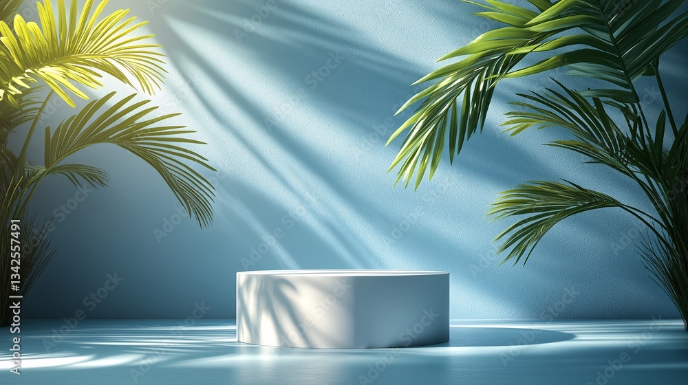Obraz premium Clean and Minimalistic Platform with Blue Rays and Palm Shadows for Product Showcase