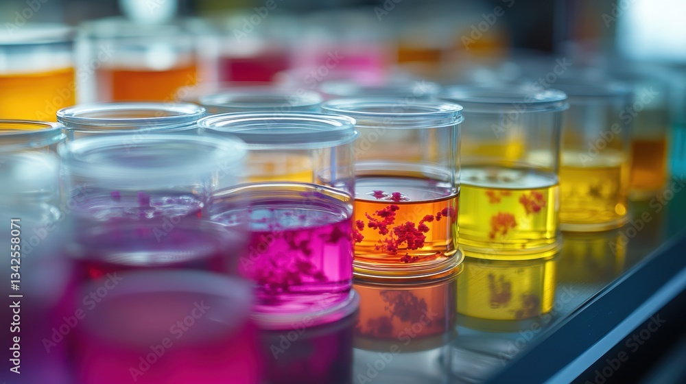 A laboratory scene unfolds, where Petri dishes teeming with vibrant plants and colorful gel swatches stand as silent witnesses to scientific inquiry, their microscopic worlds a testament to the power A laboratory scene unfolds, where Petri dishes teeming with vibrant plants and colorful gel swatches stand as silent witnesses to scientific inquiry, their microscopic worlds a testament to the power