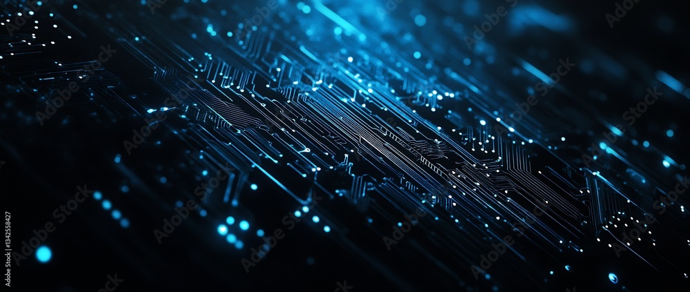 Close up of a dark blue illuminated high-tech circuit board technology background : Generative AI Close up of a dark blue illuminated high-tech circuit board technology background : Generative AI